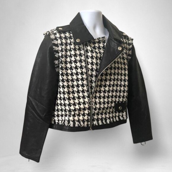 SONCY Houndstooth Frayed Edge and Faux Leather Moto Jacket, NEW! Size 0=12 - Picture 1 of 8